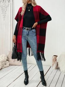 SHEIN LUNE Cárdigan con borlas y estampado de cuadros para mujeres, moda de otoño/invierno