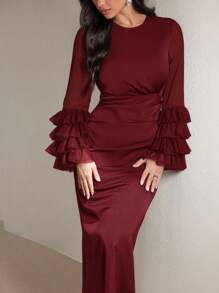 Veilorie Vestido elegante y recatado de unicolor para mujer con cuello redondo, mangas abombadas y bajo en forma de cola de pez