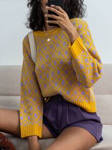 Chiquease 拼色几何印花圆领休闲长袖针织套头衫