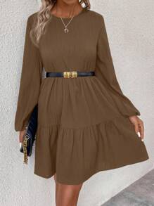 SHEIN LUNE 纯色圆领荷叶边下摆休闲长袖连衣裙 - 棕色 - 查看 6