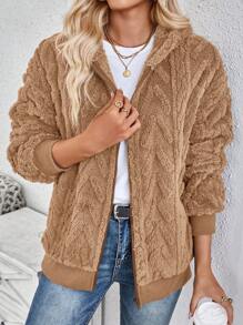 SHEIN LUNE 1 chiếc áo khoác dài tay có mũ trùm đầu màu xám có họa tiết lông mịn có khóa kéo - màu nâu - Xem 5