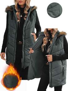 SHEIN Clasi Slant Pockets Sleeveless Argyle Quilted Vest Coat Hooded Warm For Autumn And Winter,Winter Clothes For Women,Winter Women Coat, Hooded