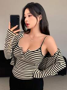 DAZY Striped Patchwork Fitted Cardigan T-Shirt With Camisole For Women,Fall Clothes Long Sleeve Women Tops - Black and White - View 3