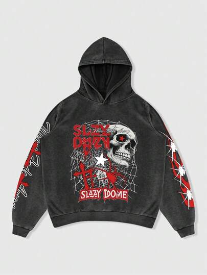 Goth Sudadera con capucha casual de manga larga con estampado de letra y calavera para hombres, primavera otoño