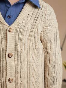 PrepCrw Young Boy Casual Everyday Herringbone Knitted Button Front Cardigan, Autumn/Winter - Beige - View 6