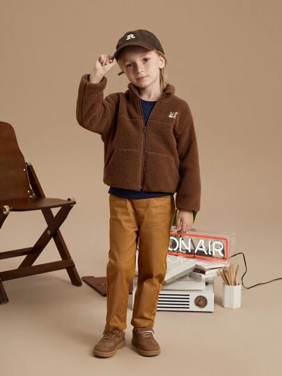 PrepCrw Young Boys' University Style Loose Fit Stand Collar Zip Fleece Jacket, Brown, Autumn/Winter