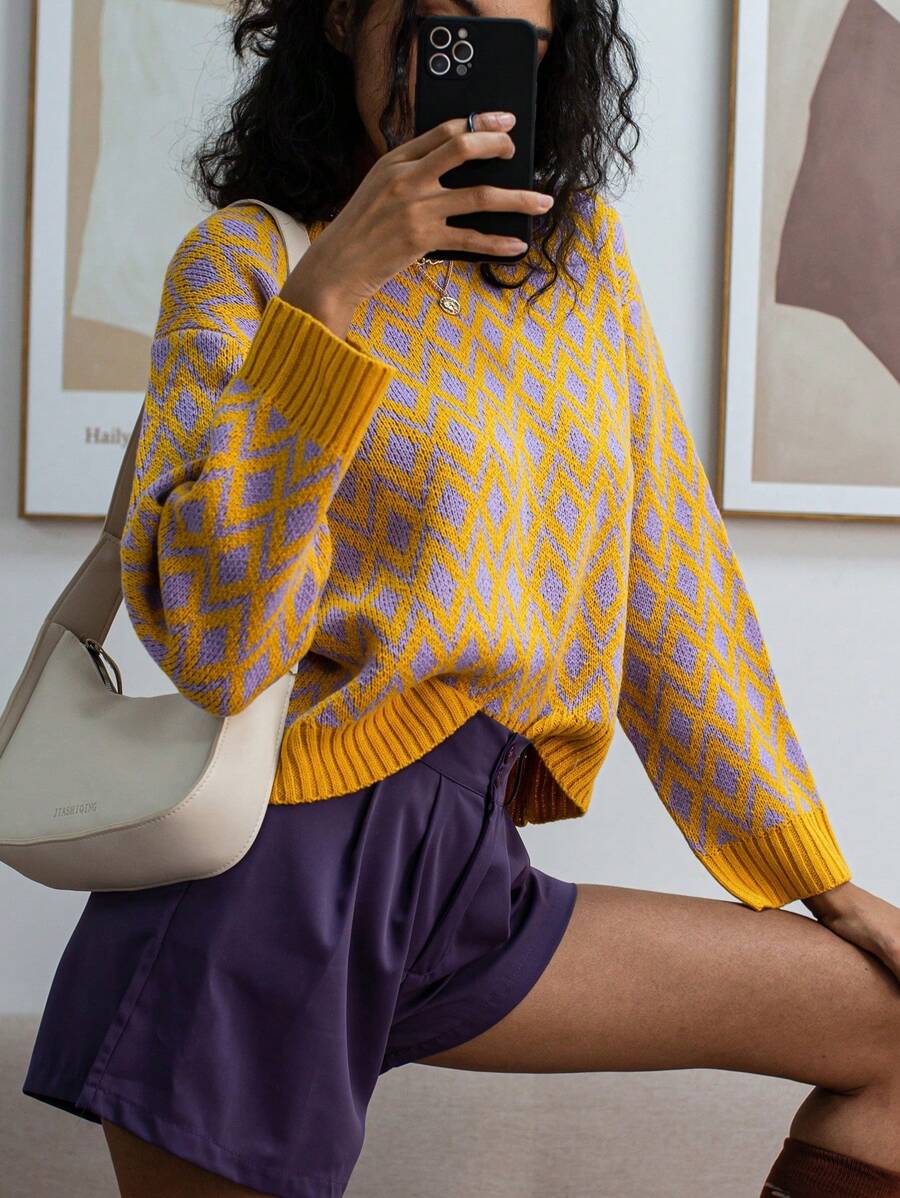 Chiquease 拼色几何印花圆领休闲长袖针织套头衫