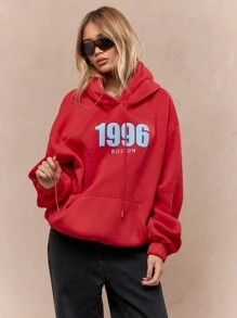 MISSGUIDED 经典学院风波士顿冬季卫衣抽绳连帽抓绒袋鼠口袋运动休闲服饰大学校友青年街头服饰圣诞节 - 紅色 - 查看 1