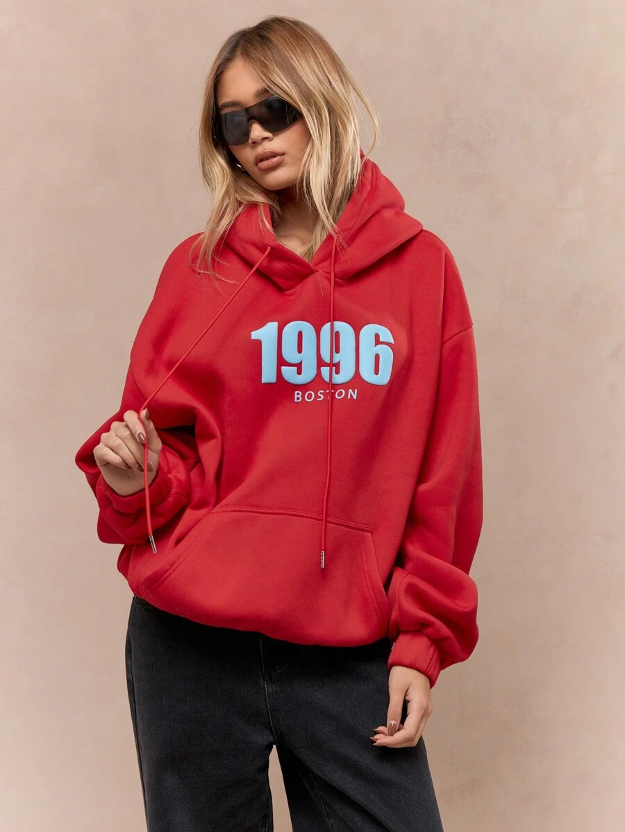 MISSGUIDED 经典学院风波士顿冬季卫衣抽绳连帽抓绒袋鼠口袋运动休闲服饰大学校友青年街头服饰圣诞节 - 紅色 - 查看 1