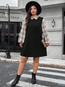 SHEIN LUNE Plus Size Women's Black Fuzzy Ribbed Splice Sleeve White Solid Shirt Collar Design Long Sleeve Dress, Autumn/Winter Dress