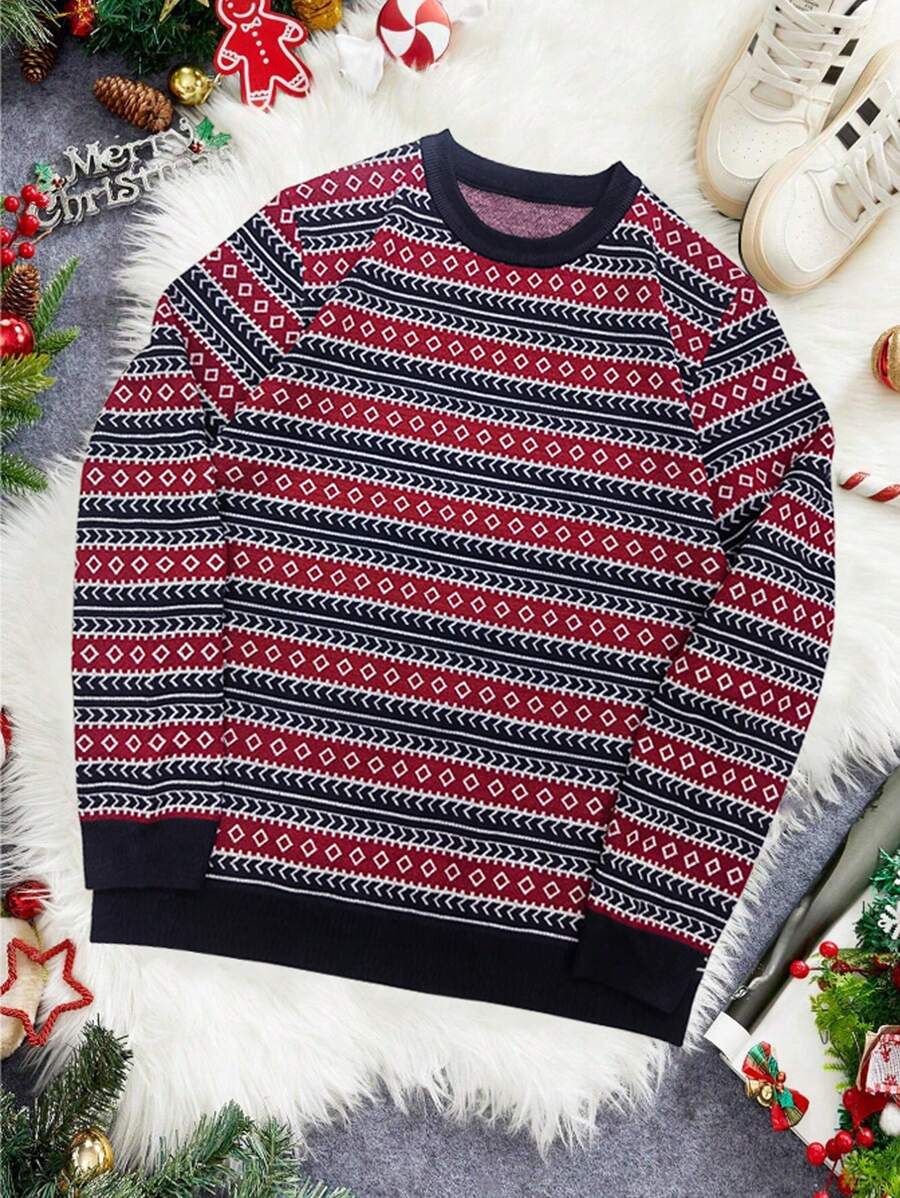 Manfinity Homme Suéter gráfico suelto de manga larga con cuello redondo y patrón geométrico colorido para hombre, suéter navideño de otoño/invierno para hombre, para fiesta, regalo de novio - Multicolor - Ver 1