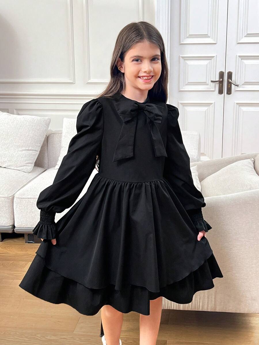SHEIN DRMZ Tween Girl 女童修身休闲简约舒适立领腰部蝴蝶结装饰长袖连衣裙 - 黑色 - 查看 1