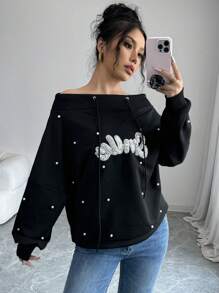 SHEIN Privé Women's Open Shoulder Batwing Sleeve Drawstring Beaded Sweatshirt - Black - View 1