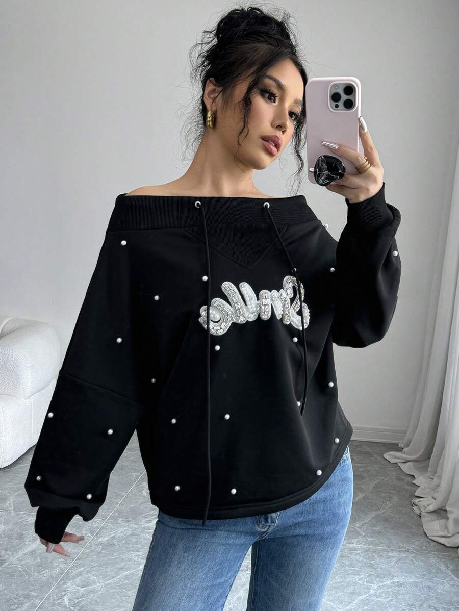 SHEIN Privé Women's Open Shoulder Batwing Sleeve Drawstring Beaded Sweatshirt - Black - View 1