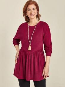 EMERY ROSE Plus Size Casual Solid Color Ruched Long Sleeve T-Shirt, Autumn - Burgundy - View 6