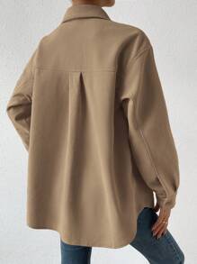 SHEIN Unity 女士纯色落肩长袖口袋单排扣休闲夹克，秋季 - 卡其色 - 查看 2