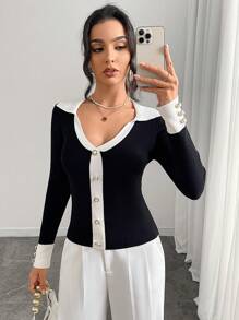 Chiquease Women's Plain Color Splice Front Button Long Sleeve Minimalist Casual Pullover Sweater Knit Pullover Fall Winter Outfit