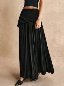 Poéselle Black Asymmetric Elegant Pleated Effortless Chic A-Line Skirt, Elegant And Charming, French Semi Skirt, Cottage Core, Black Elegant Pleated Effortless Chic Essential, FW24, Fall Women's Clothing