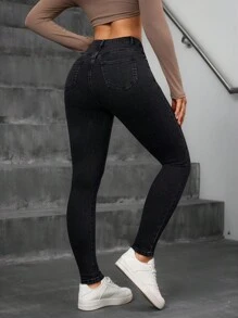 SHEIN Essnce 女式前扣口袋简约休闲牛仔裤，适合日常穿着 - 黑色 - 查看 2