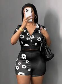 Slaydiva 2pcs/Set Women Casual Flower Print Fitted Sweatsuit