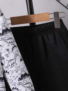 2 件装年轻男孩休闲可爱恐龙印花保暖内衬长袖 Polo 衫和运动裤套装，适合秋冬季 - 黑與白 - 查看 3