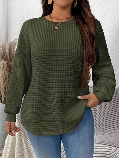 SHEIN LUNE Plus Size Women Casual Solid Color Textured Fabric Sweatshirt, Spring/Autumn Winter Fall