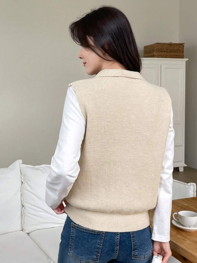 Women Solid Color Minimalist Sleeveless Cardigan Sweater Vest
