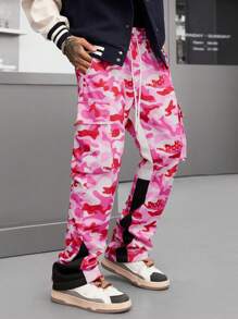 Manfinity EMRG Pantalón de chándal de pierna recta holgada con cintura con cordón y bolsillo plegable con estampado de camuflaje, estilo de moda urbana para hombres