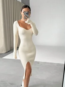 Flirla Women Autumn/Winter Sexy V-Neck Flare Sleeve Ribbed Fitted Midi Dress With Slit Hem Fall Cloth For Women