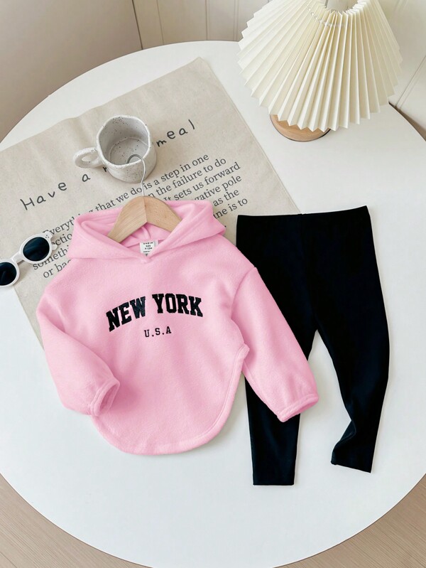 SHEIN Baby Girl Cute Letter Embroidery Fleece Hooded Asymmetrical Top And Elastic Waist Black Pants Set, Autumn/Winter