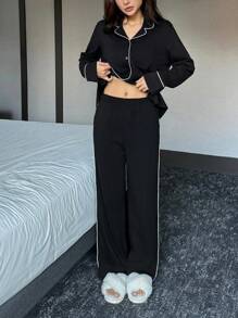 DAZY Women Simple Contrast Trim Design Notched Collar Long Sleeve Pajama Set With Pants - Black - View 5