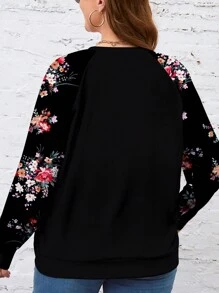 SHEIN LUNE Áo nỉ chui đầu dáng rộng họa tiết hoa cỡ lớn cho nữ, áo trùm đầu cổ tròn tay raglan thường ngày cho mùa thu/đông Giáng sinh dành cho nữ - màu đen - Xem 2