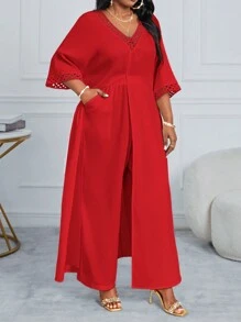 SHEIN Lady 春夏秋冬休闲优雅梭织白色连体袖开叉短袖大码套装秋季婚礼宾客礼服女裤套装