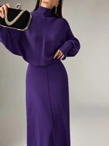 Modelyn Bộ 2 món áo len tay cánh dơi thanh lịch tối giản giản dị cho nữ, bộ 2 món thu đông - Màu tím - Xem 5