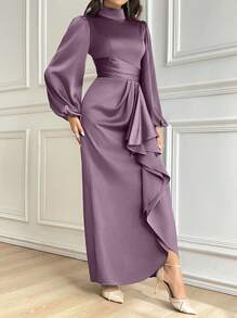 Modelyn 1 pieza Vestido largo de manga larga elegante con cuello alto, dobladillo con volantes y unicolor para mujer, vestido de noche largo - Púrpura polvoriento - Ver 6
