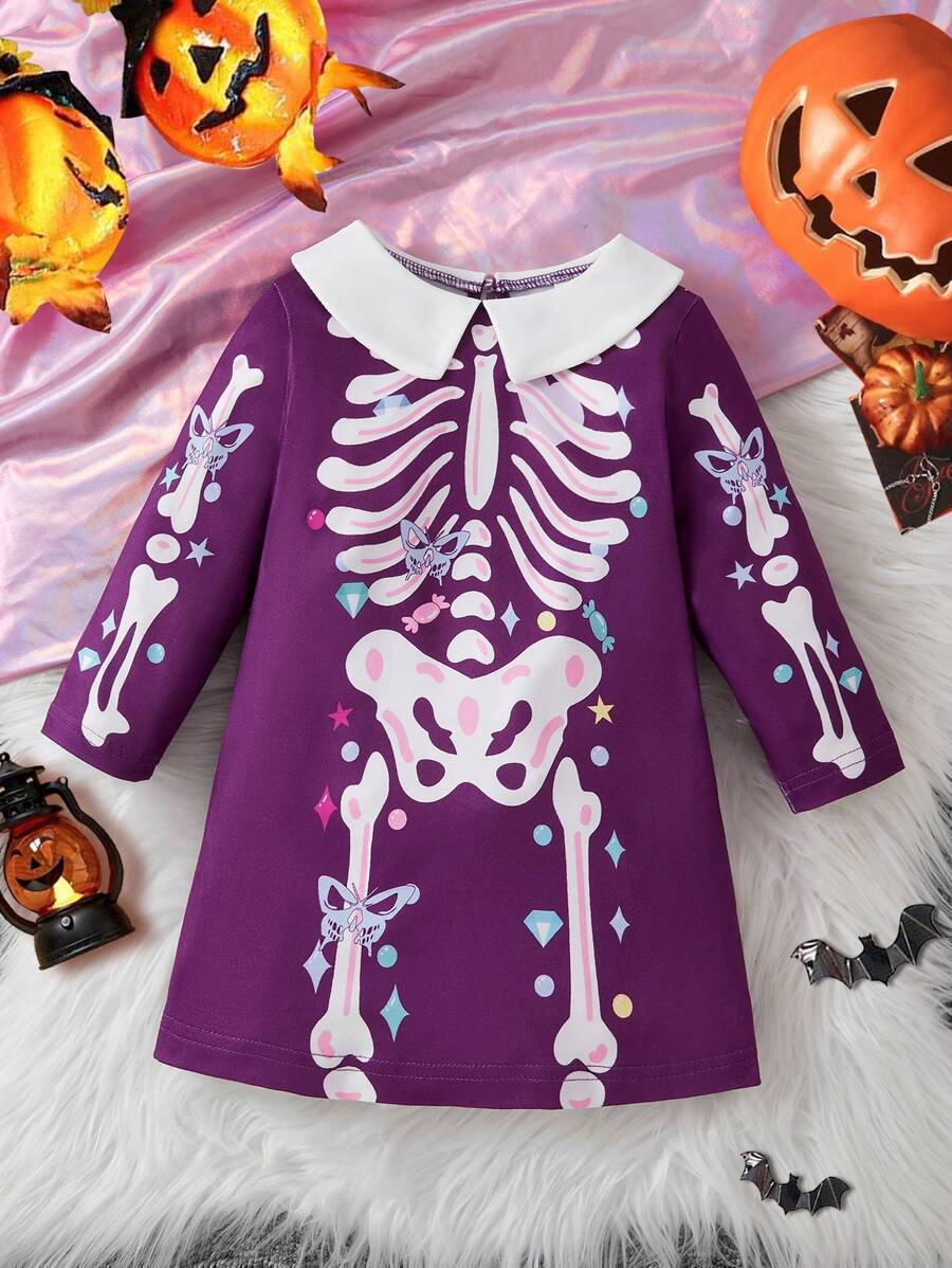 SHEIN 女婴万圣节休闲骷髅印花长袖中长连衣裙 - 紫色 - 查看 1