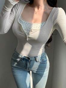 DAZY 春季新款修身二合一女式可爱T恤上衣，秋季服装长袖女式上衣 - 米色 - 查看 6