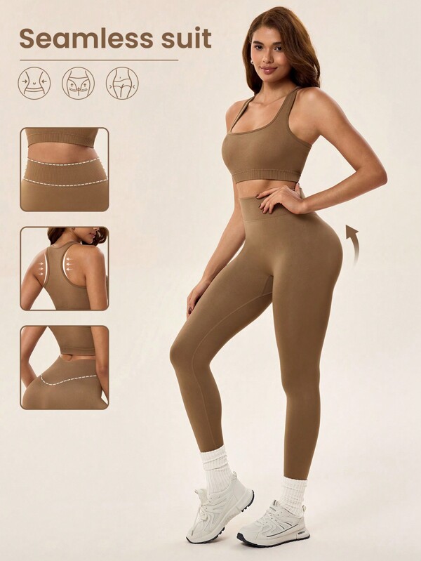 Lifespree Women Sports Brown Tank Top And Leggings Seamless Workout Set