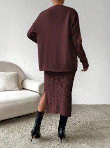 SHEIN Clasi 2 Pieces Set: Solid Color V-Neck Button Front Long Sleeve Top And Skirt Elegant Knitted Sweater - Coffee Brown - View 4