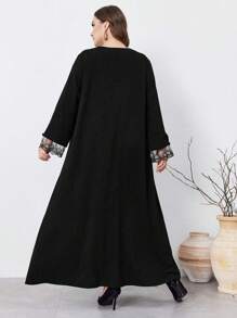 Al Najma Elegancka sukienka z koronką patchworkową w dużych rozmiarach, wiosna i jesień, skromne długie rękawy, swobodne sukienki maxi w stylu arabskim, na wieczorne przyjęcie/wesele/rocznicę/codziennie, kaftan - Czarne - Zobacz 2