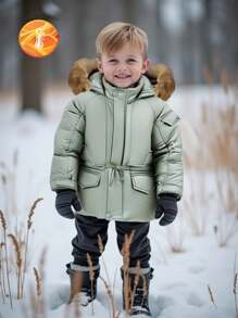 SHEIN 年轻女孩毛领纯色收腰保暖厚外套舒适冬装 - 綠色 - 查看 3