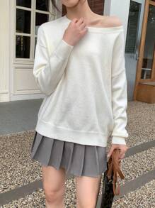 INAWLY Áo len nữ dáng rộng, cổ lệch bất đối xứng, màu trơn, thích hợp mặc mùa thu đông. - Màu be - Xem 4