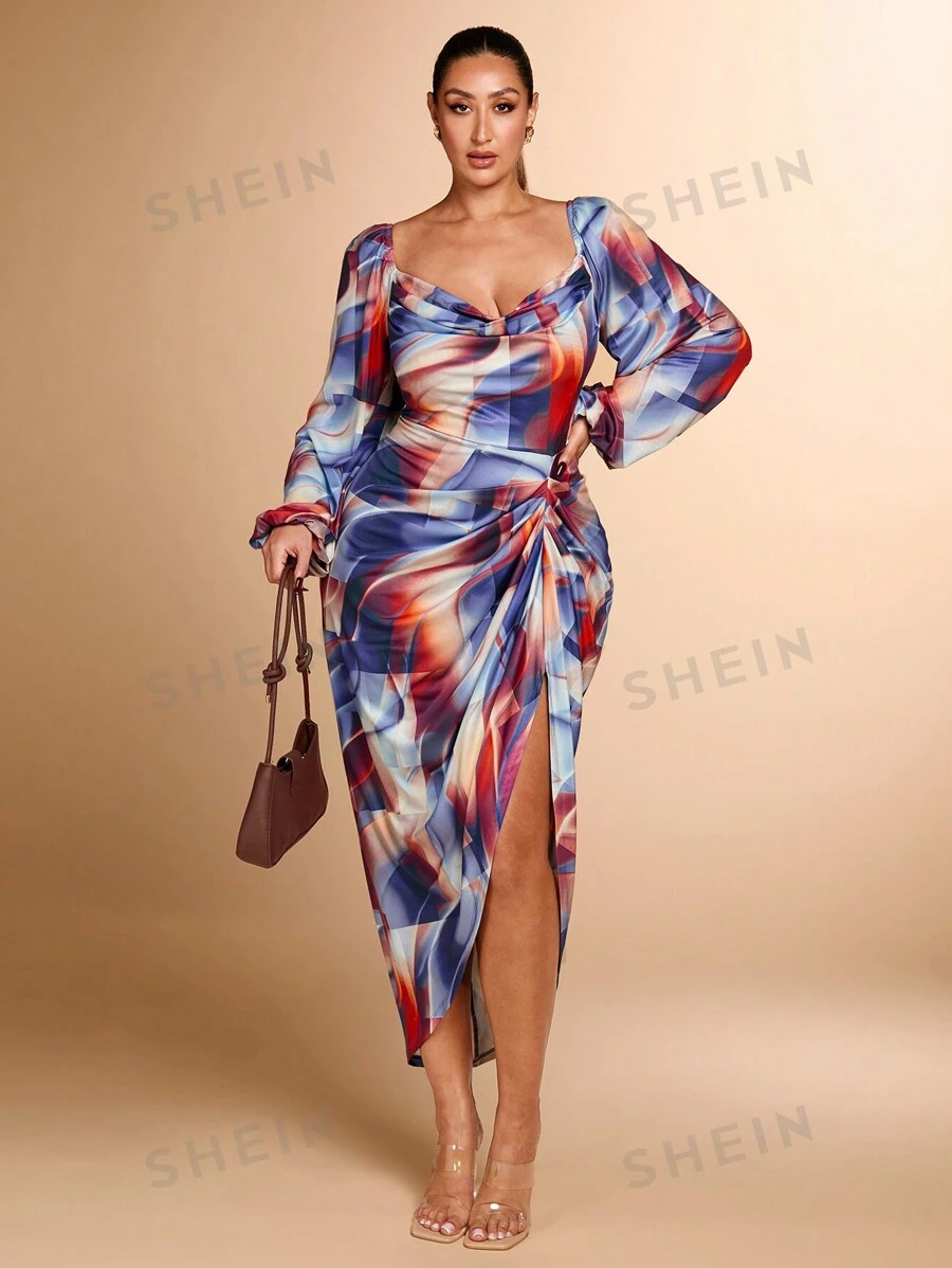 SHEIN BAE Vestido de mujer de talla grande elegante con estampado de mármol, abertura, drapeado y volantes, adecuado para uso casual, vacaciones, citas y fiestas