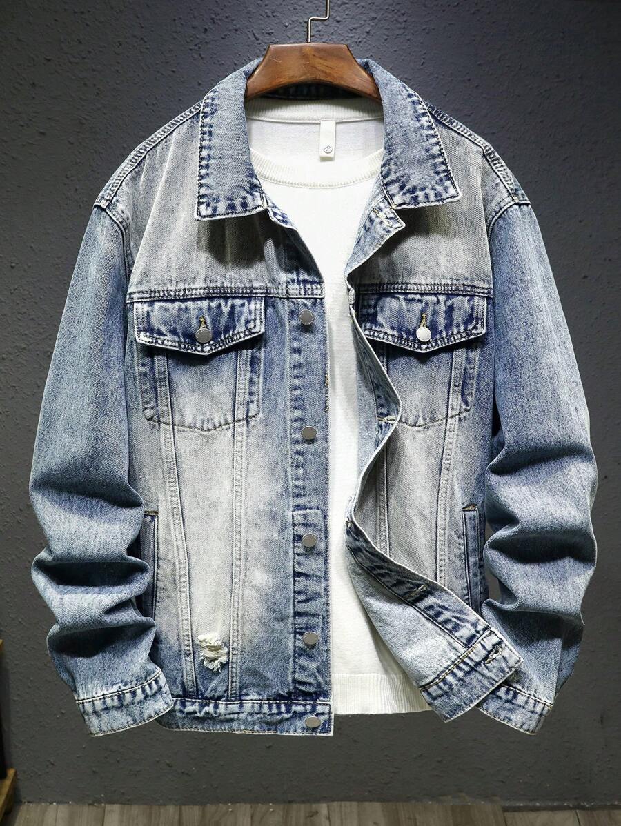 Manfinity Homme Áo khoác denim nam màu xanh đậm trơn cổ điển rộng rãi, mặc đi làm - Rửa tối - Xem 1