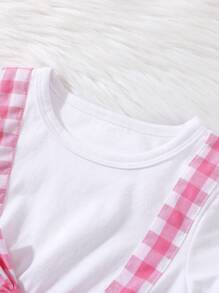 Baby Girl Plaid Print Bow Front 2 In 1 Tee & Flare Leg Pants & Headband 3pcs Daily Wear Set - Pink - View 5