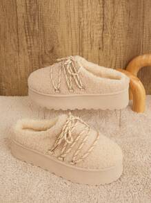 SHUZIA 女士可爱日常羊羔绒毛系带米色平底纯色鞋底凉鞋圣诞假期秋冬季度假氛围 - 卡其色 - 查看 3