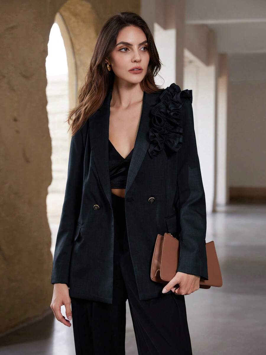 Aveloria Modichic Modischer Blazer mit Spitzenkante und locker geschnittenem Passform - Dunkelgrau - Übersicht 1