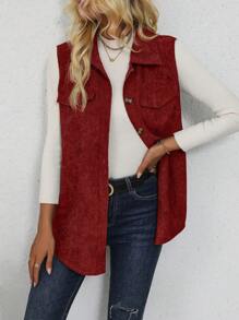 EMERY ROSE Women's Plain Front Button Casual Sleeveless Thin Jacket - Burgundy - View 5