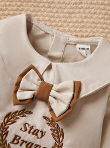 SHEIN European & British Style Gentleman's Outfit, Olive Leaf Embroidered English Text Collar Casual Shirt + Bow Tie + Suspender Pants 2pcs Set, Dapper & Fashionable Suitable For Birthday Party, Wedding, Large Events - White - View 5