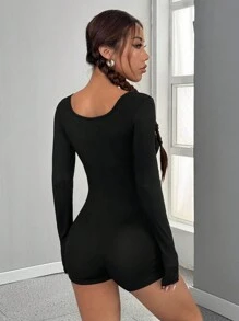 SHEIN Unity Fitted Long Sleeve Ribbed Fabric With Pad Jumpsuit For Women - Black - View 2